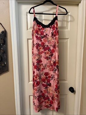 torrid Pink Floral Midi Slip Dress with Black Lace Trim